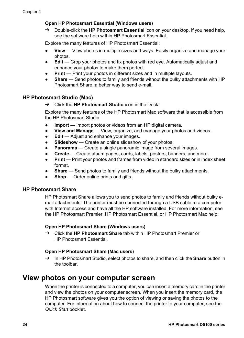 Hp photosmart studio (mac), Hp photosmart share, View photos on your computer screen | HP Photosmart D5160 Printer User Manual | Page 27 / 59