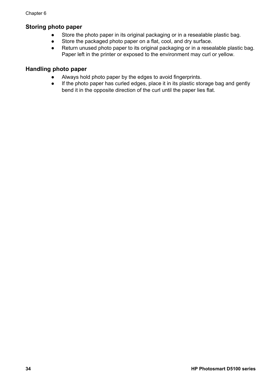 Storing photo paper, Handling photo paper | HP Photosmart D5160 Printer User Manual | Page 37 / 59