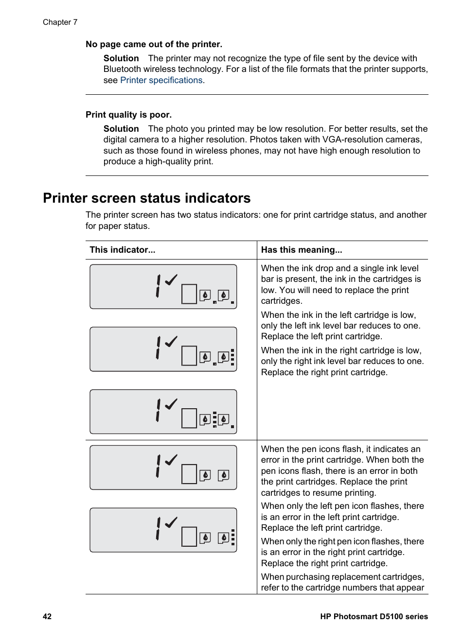 Printer screen status indicators, Printer screen, Status indicators | HP Photosmart D5160 Printer User Manual | Page 45 / 59