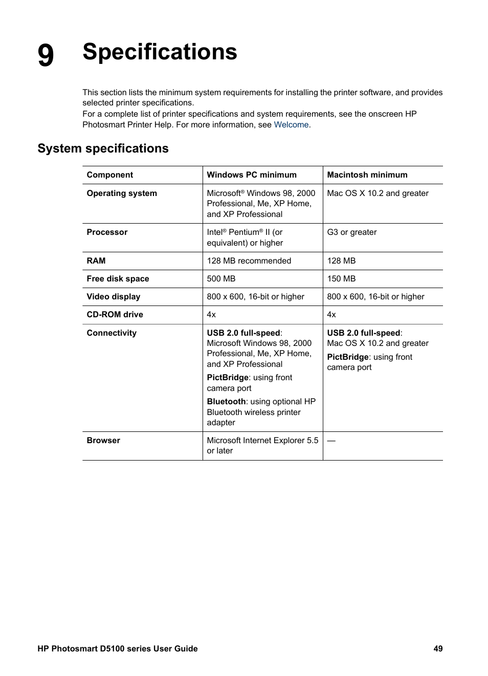 Specifications, System specifications, Specifications system specifications | HP Photosmart D5160 Printer User Manual | Page 52 / 59