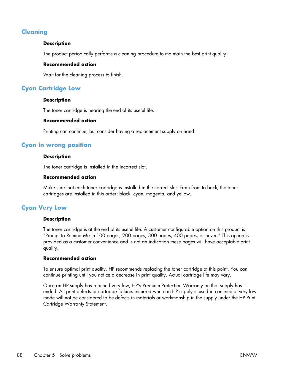 Cleaning, Cyan cartridge low, Cyan in wrong position | Cyan very low | HP LaserJet Pro 200 color Printer M251nw User Manual | Page 100 / 146