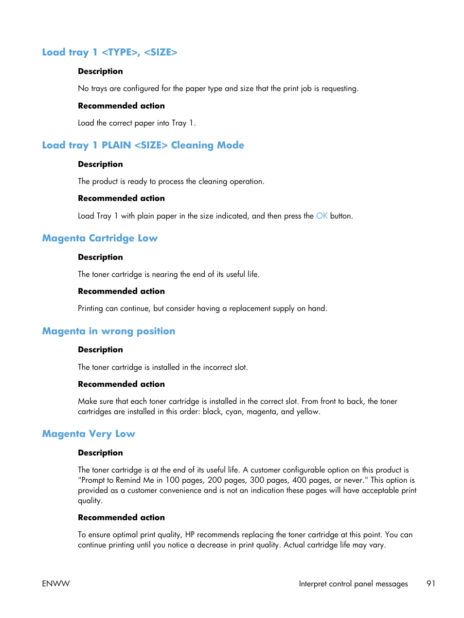 Load tray 1 <type>, <size, Load tray 1 plain <size> cleaning mode, Magenta cartridge low | Magenta in wrong position, Magenta very low | HP LaserJet Pro 200 color Printer M251nw User Manual | Page 103 / 146