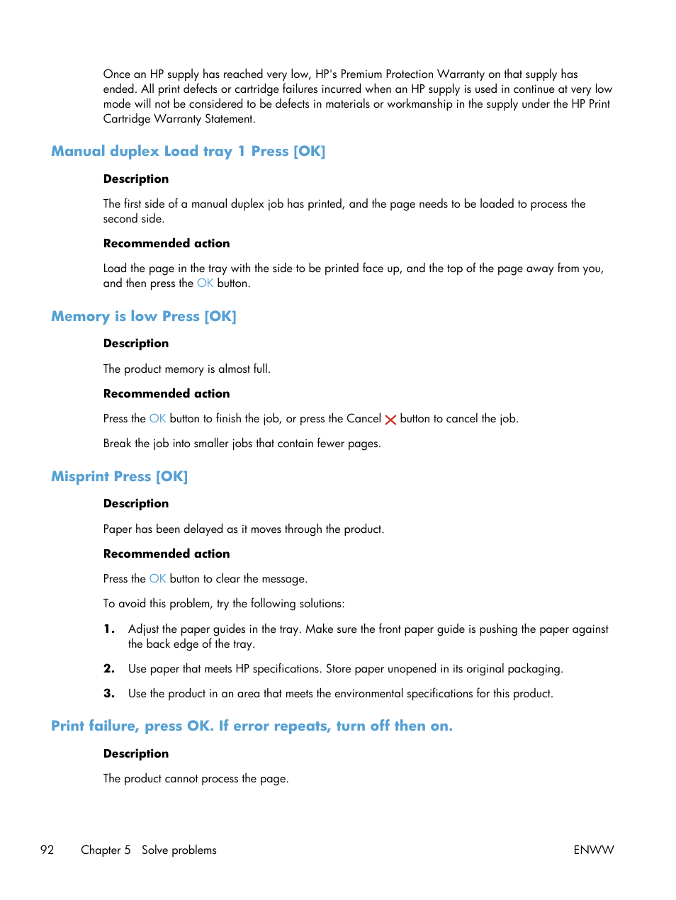 Manual duplex load tray 1 press [ok, Memory is low press [ok, Misprint press [ok | HP LaserJet Pro 200 color Printer M251nw User Manual | Page 104 / 146