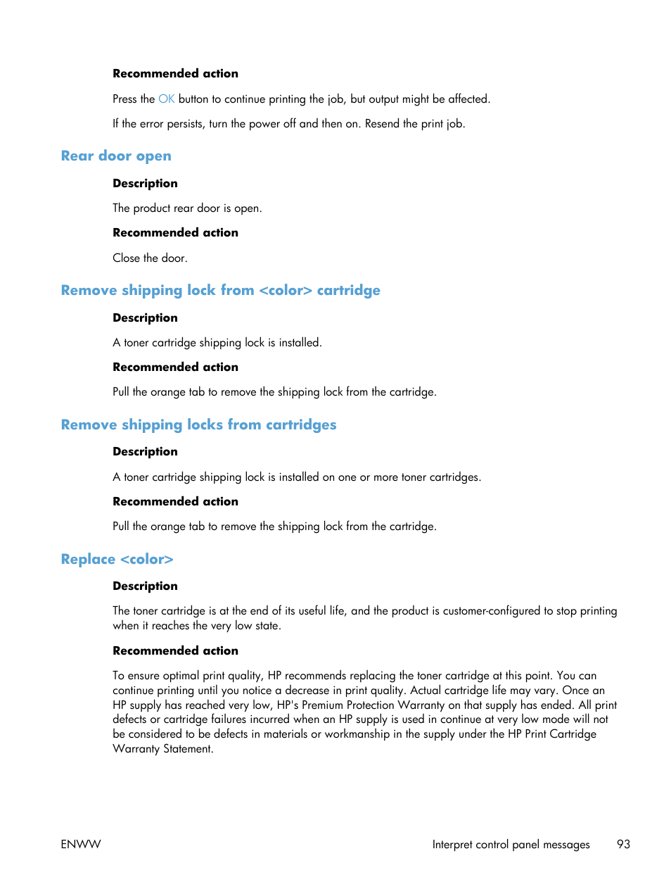 Rear door open, Remove shipping lock from <color> cartridge, Remove shipping locks from cartridges | Replace <color | HP LaserJet Pro 200 color Printer M251nw User Manual | Page 105 / 146