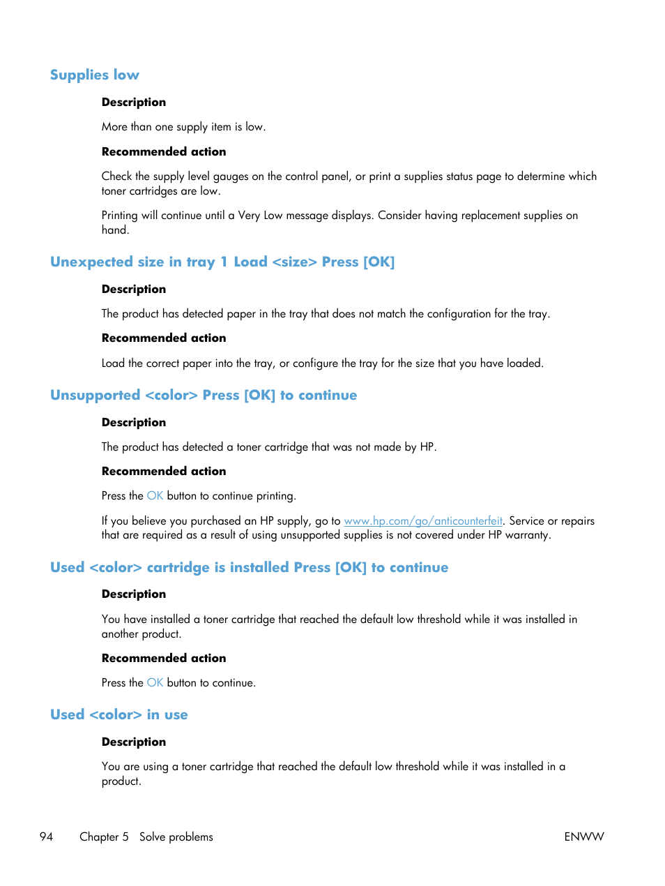 Supplies low, Unexpected size in tray 1 load <size> press [ok, Unsupported <color> press [ok] to continue | Used <color> in use | HP LaserJet Pro 200 color Printer M251nw User Manual | Page 106 / 146