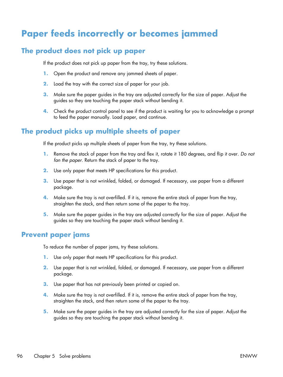 Paper feeds incorrectly or becomes jammed, The product does not pick up paper, The product picks up multiple sheets of paper | Prevent paper jams | HP LaserJet Pro 200 color Printer M251nw User Manual | Page 108 / 146