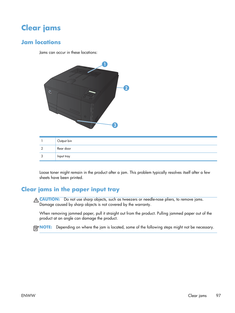 Clear jams, Jam locations, Clear jams in the paper input tray | Jam locations clear jams in the paper input tray | HP LaserJet Pro 200 color Printer M251nw User Manual | Page 109 / 146