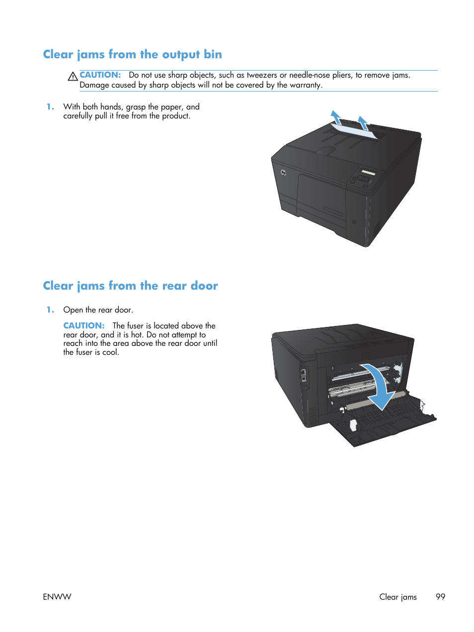 Clear jams from the output bin, Clear jams from the rear door | HP LaserJet Pro 200 color Printer M251nw User Manual | Page 111 / 146