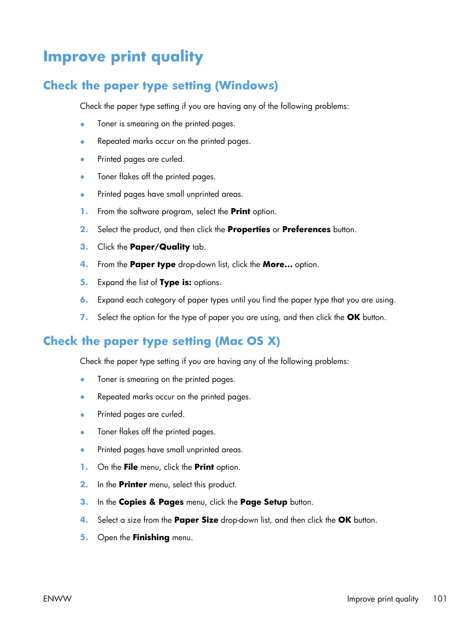 Improve print quality, Check the paper type setting (windows), Check the paper type setting (mac os x) | HP LaserJet Pro 200 color Printer M251nw User Manual | Page 113 / 146