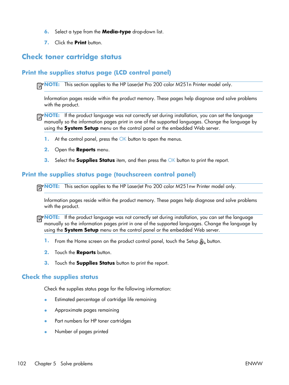 Check toner cartridge status, Check the supplies status | HP LaserJet Pro 200 color Printer M251nw User Manual | Page 114 / 146