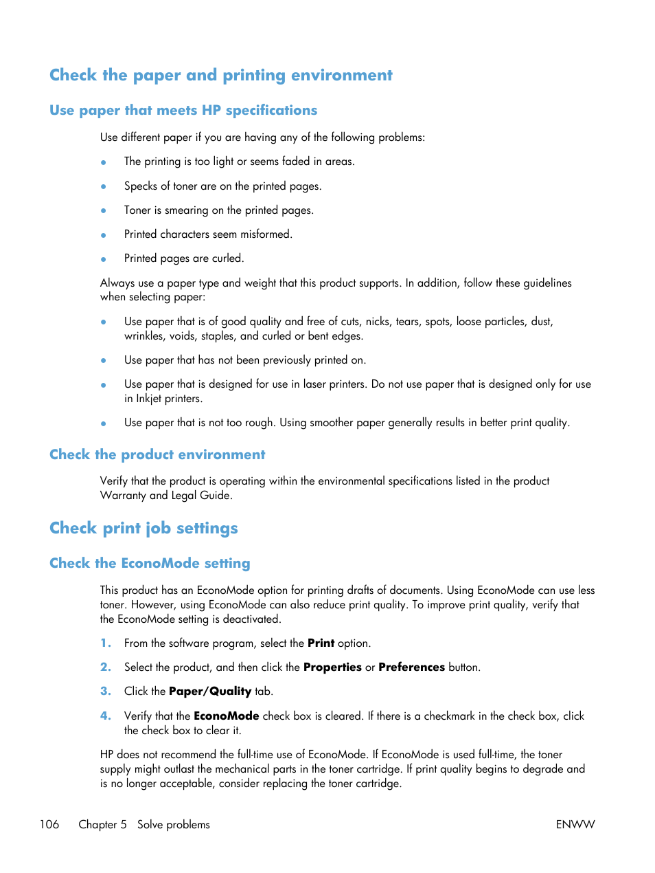 Check the paper and printing environment, Use paper that meets hp specifications, Check the product environment | Check print job settings, Check the economode setting | HP LaserJet Pro 200 color Printer M251nw User Manual | Page 118 / 146