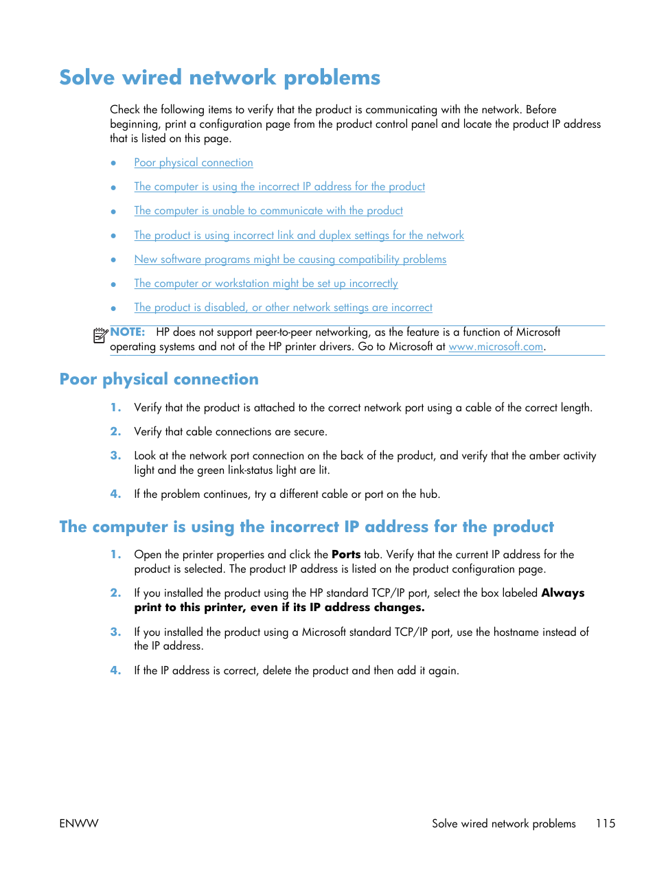 Solve wired network problems, Poor physical connection | HP LaserJet Pro 200 color Printer M251nw User Manual | Page 127 / 146