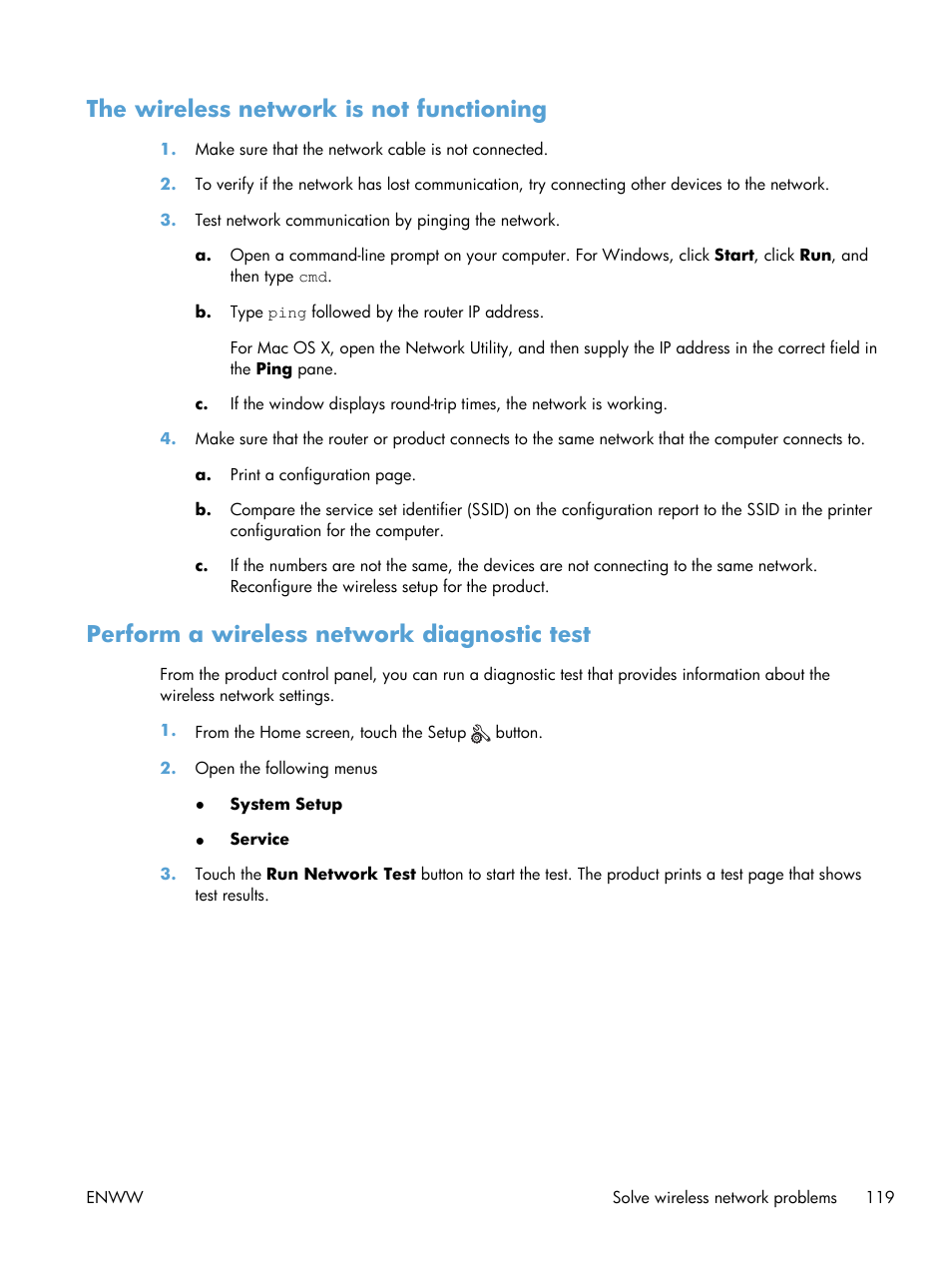 The wireless network is not functioning, Perform a wireless network diagnostic test | HP LaserJet Pro 200 color Printer M251nw User Manual | Page 131 / 146