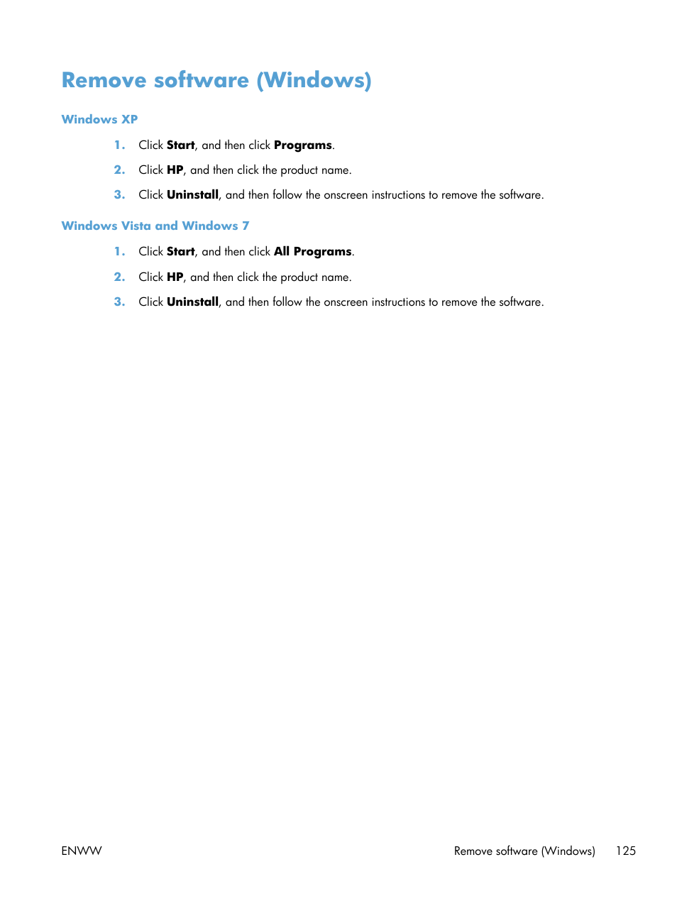 Remove software (windows) | HP LaserJet Pro 200 color Printer M251nw User Manual | Page 137 / 146