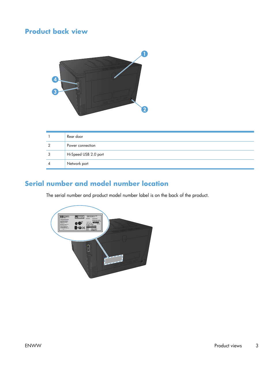 Product back view, Serial number and model number location | HP LaserJet Pro 200 color Printer M251nw User Manual | Page 15 / 146