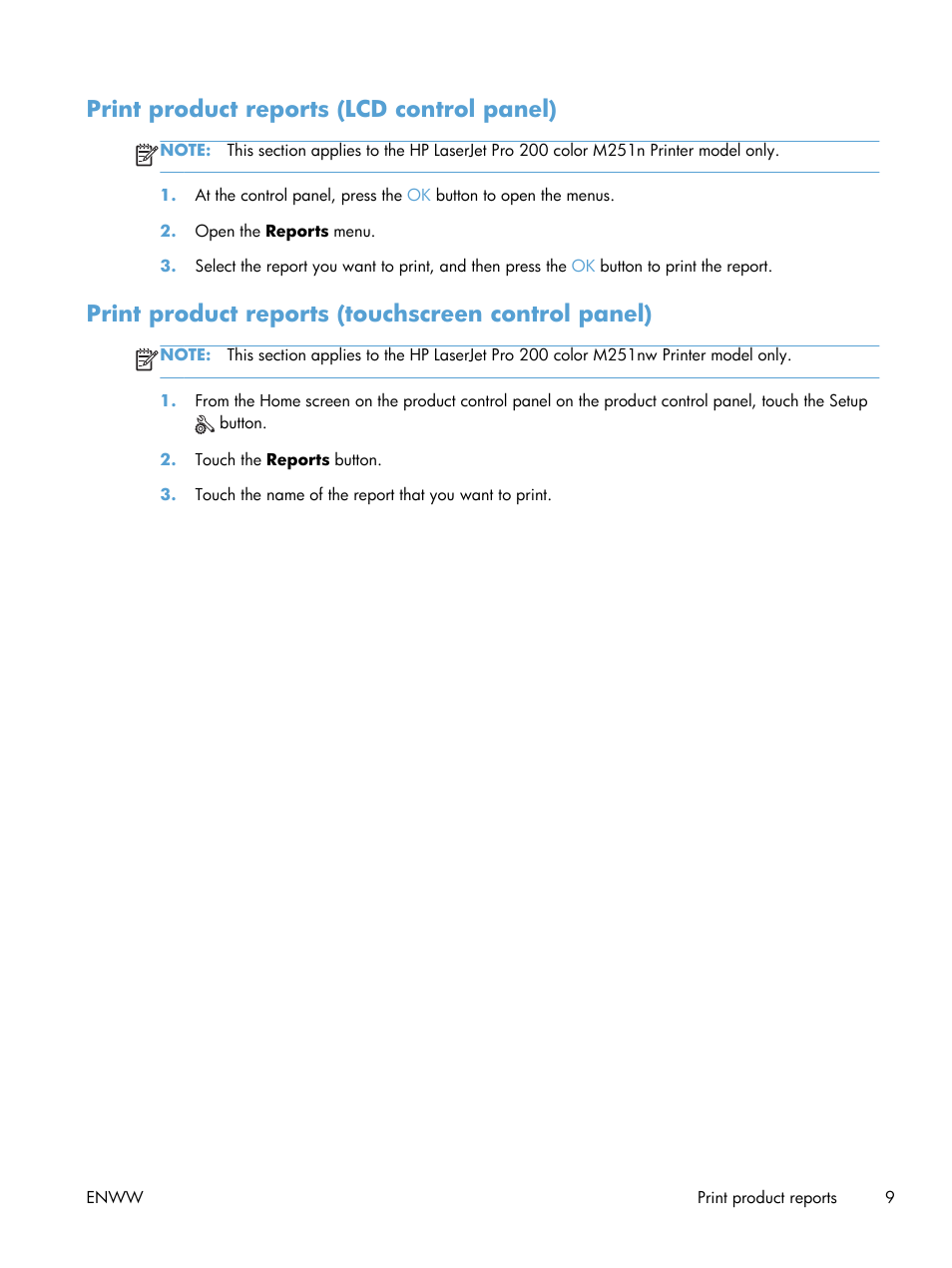 Print product reports (lcd control panel), Print product reports (touchscreen control panel) | HP LaserJet Pro 200 color Printer M251nw User Manual | Page 21 / 146