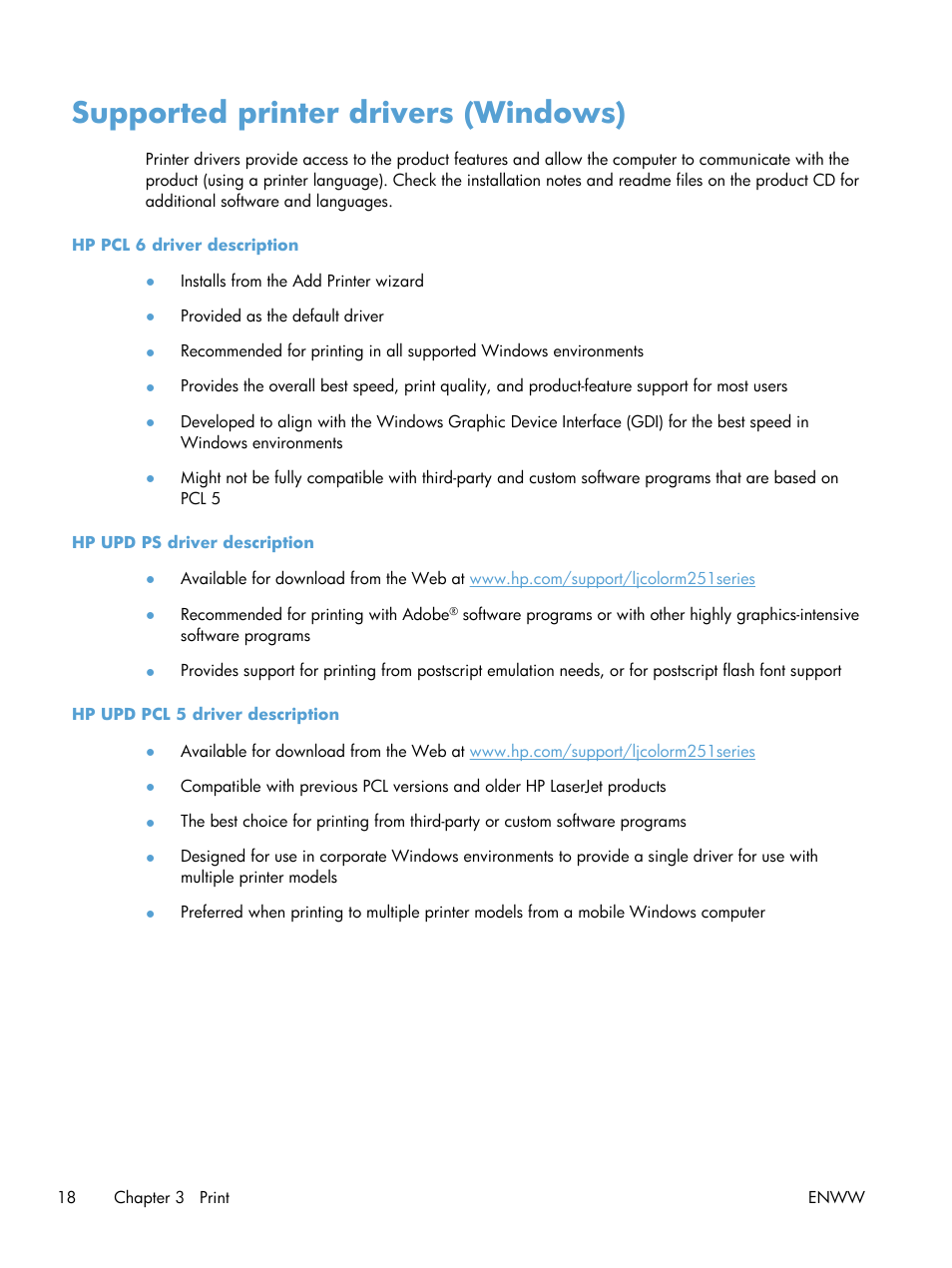 Supported printer drivers (windows) | HP LaserJet Pro 200 color Printer M251nw User Manual | Page 30 / 146