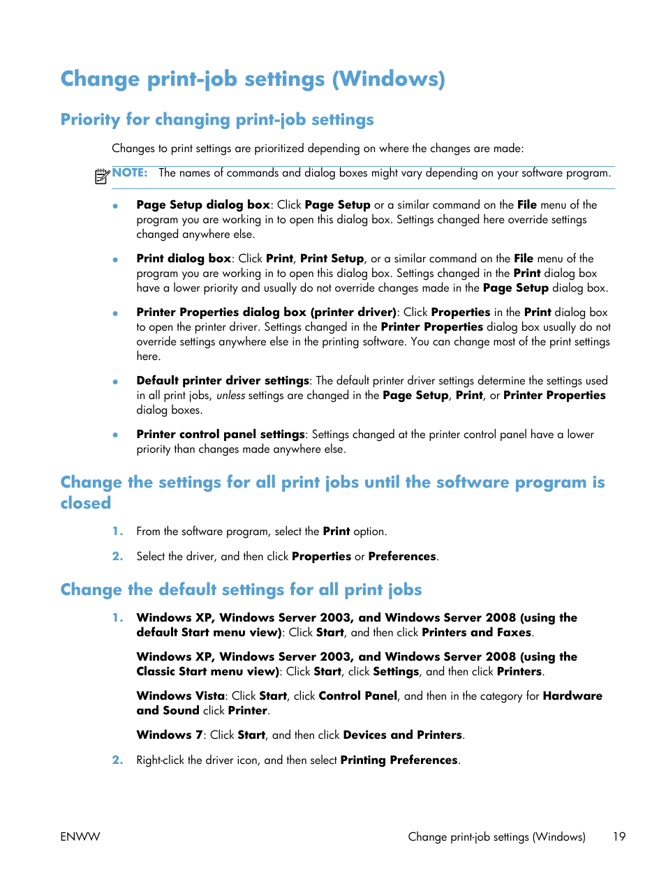 Change print-job settings (windows), Priority for changing print-job settings, Change the default settings for all print jobs | HP LaserJet Pro 200 color Printer M251nw User Manual | Page 31 / 146