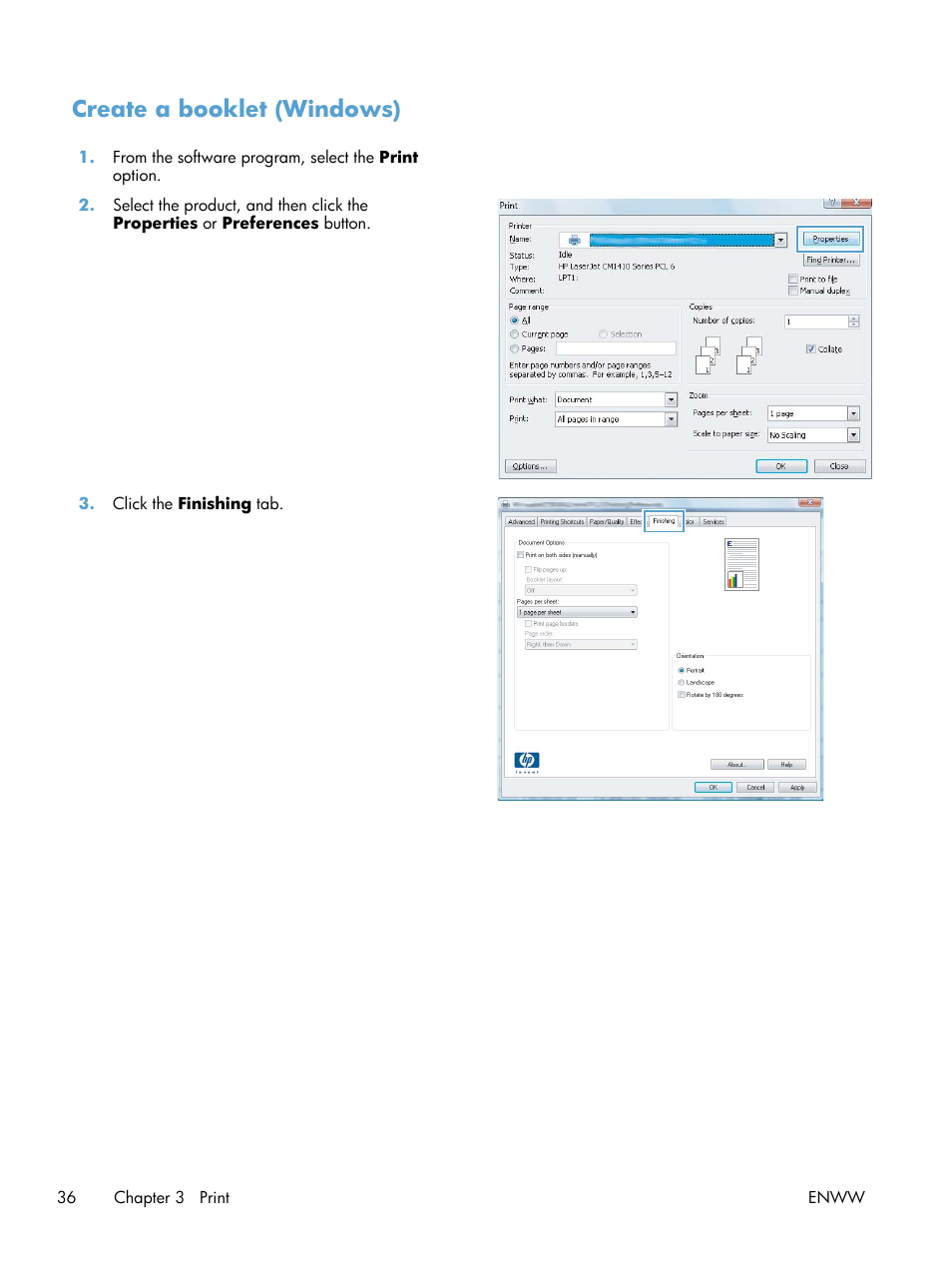 Create a booklet (windows) | HP LaserJet Pro 200 color Printer M251nw User Manual | Page 48 / 146