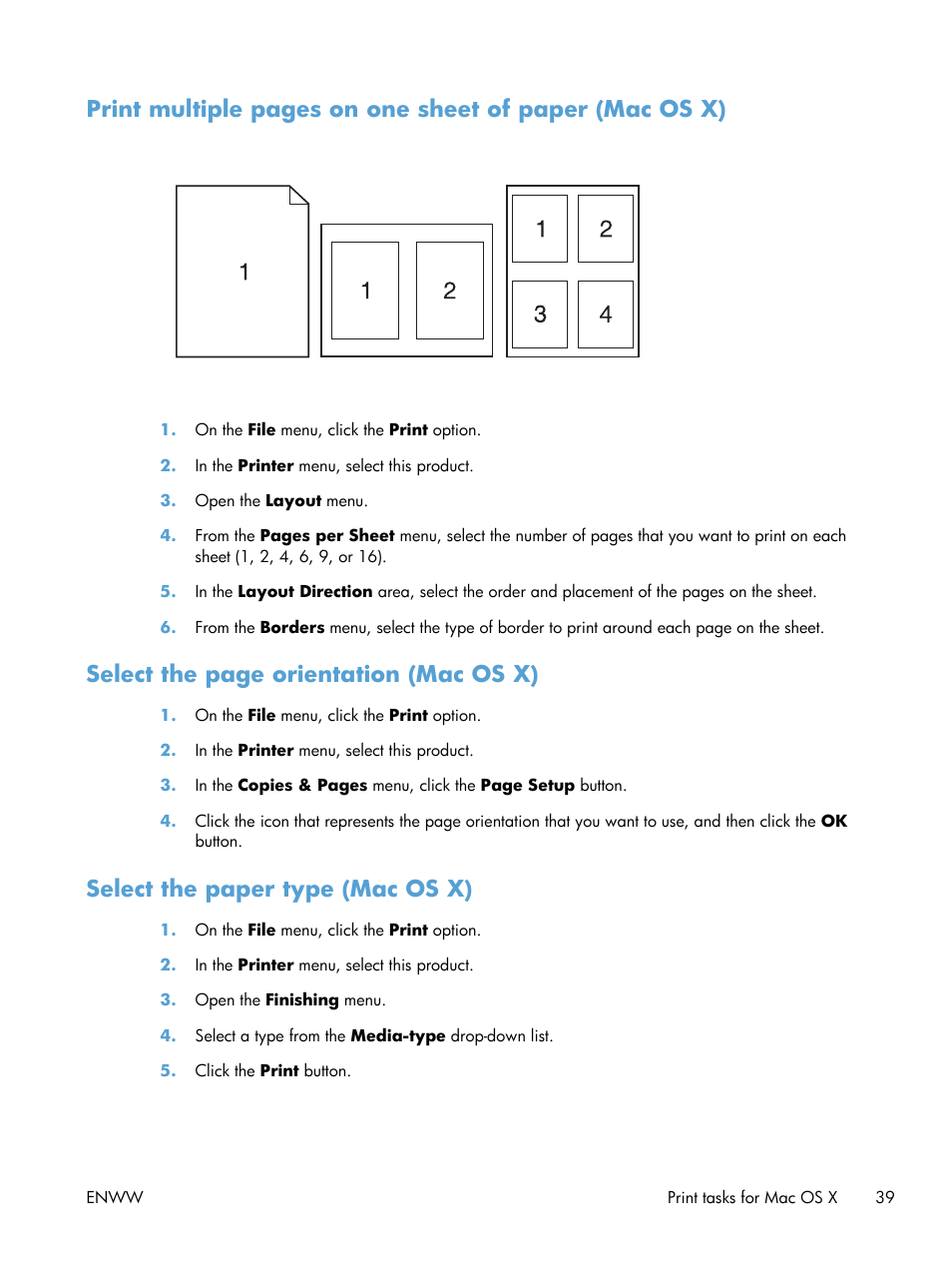 Select the paper type (mac os x), Select the page orientation (mac os x) | HP LaserJet Pro 200 color Printer M251nw User Manual | Page 51 / 146