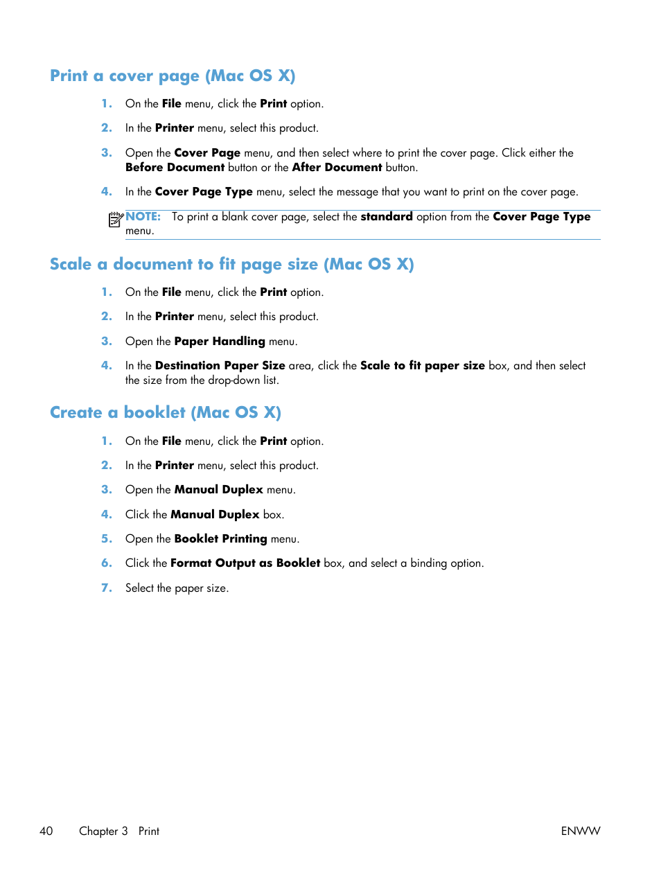 Create a booklet (mac os x), Print a cover page (mac os x), Scale a document to fit page size (mac os x) | HP LaserJet Pro 200 color Printer M251nw User Manual | Page 52 / 146