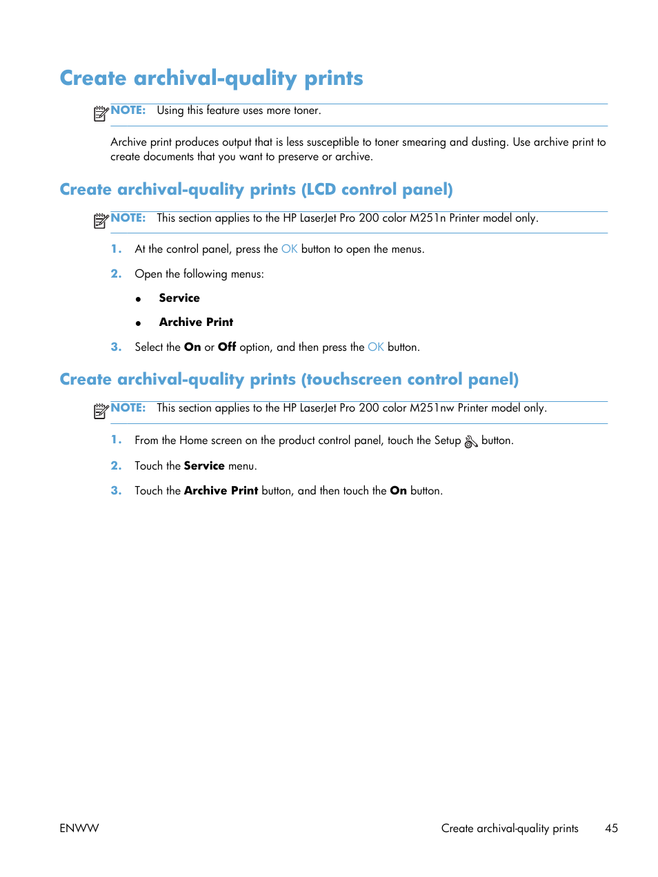 Create archival-quality prints, Create archival-quality prints (lcd control panel) | HP LaserJet Pro 200 color Printer M251nw User Manual | Page 57 / 146