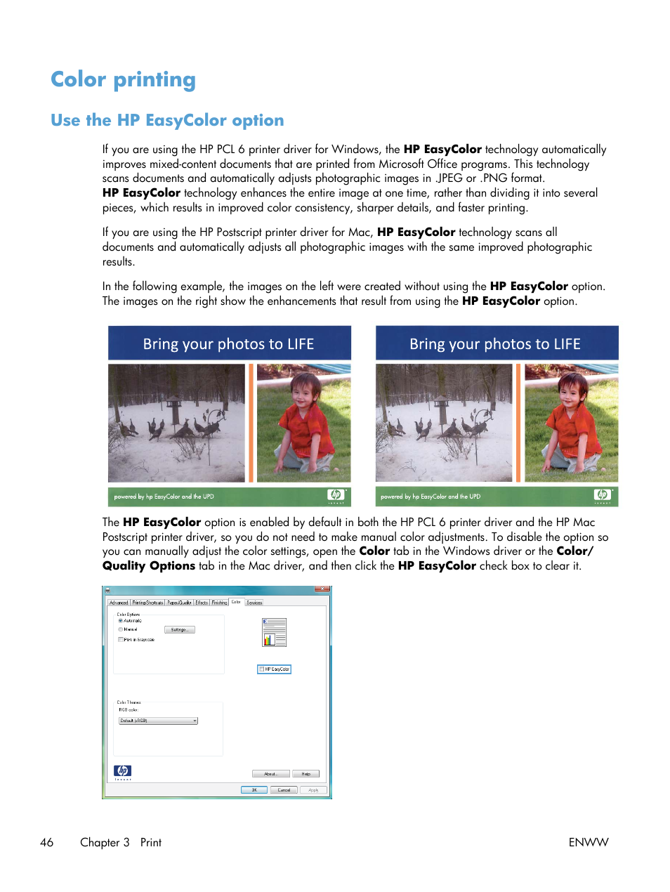 Color printing, Use the hp easycolor option | HP LaserJet Pro 200 color Printer M251nw User Manual | Page 58 / 146