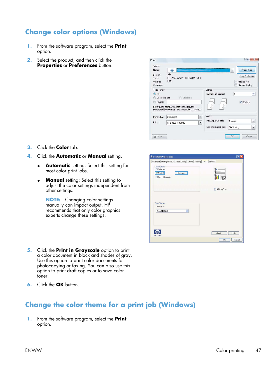 Change color options (windows), Change the color theme for a print job (windows) | HP LaserJet Pro 200 color Printer M251nw User Manual | Page 59 / 146