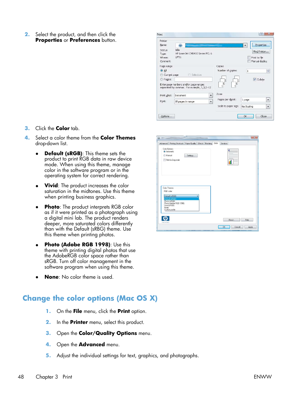Change the color options (mac os x) | HP LaserJet Pro 200 color Printer M251nw User Manual | Page 60 / 146