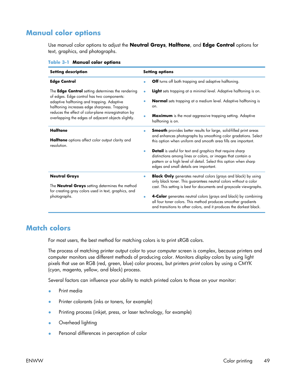 Manual color options, Match colors, Manual color options match colors | HP LaserJet Pro 200 color Printer M251nw User Manual | Page 61 / 146