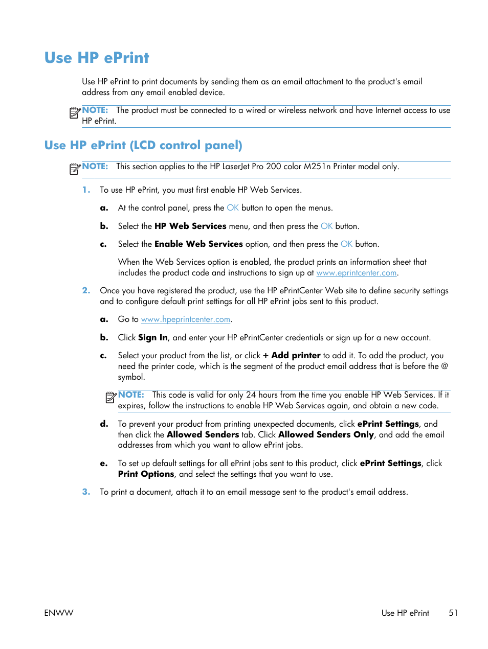 Use hp eprint, Use hp eprint (lcd control panel) | HP LaserJet Pro 200 color Printer M251nw User Manual | Page 63 / 146