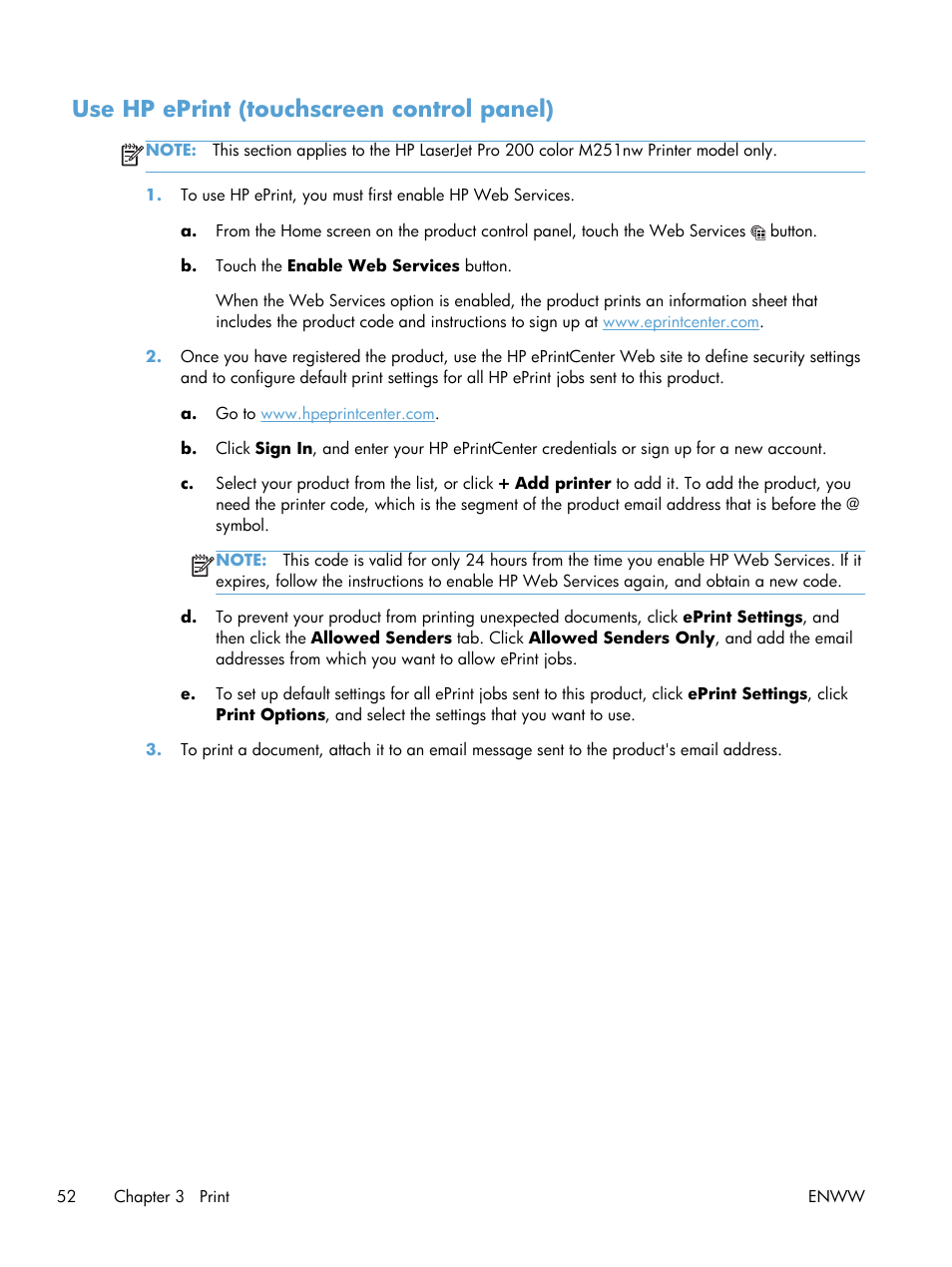 Use hp eprint (touchscreen control panel) | HP LaserJet Pro 200 color Printer M251nw User Manual | Page 64 / 146