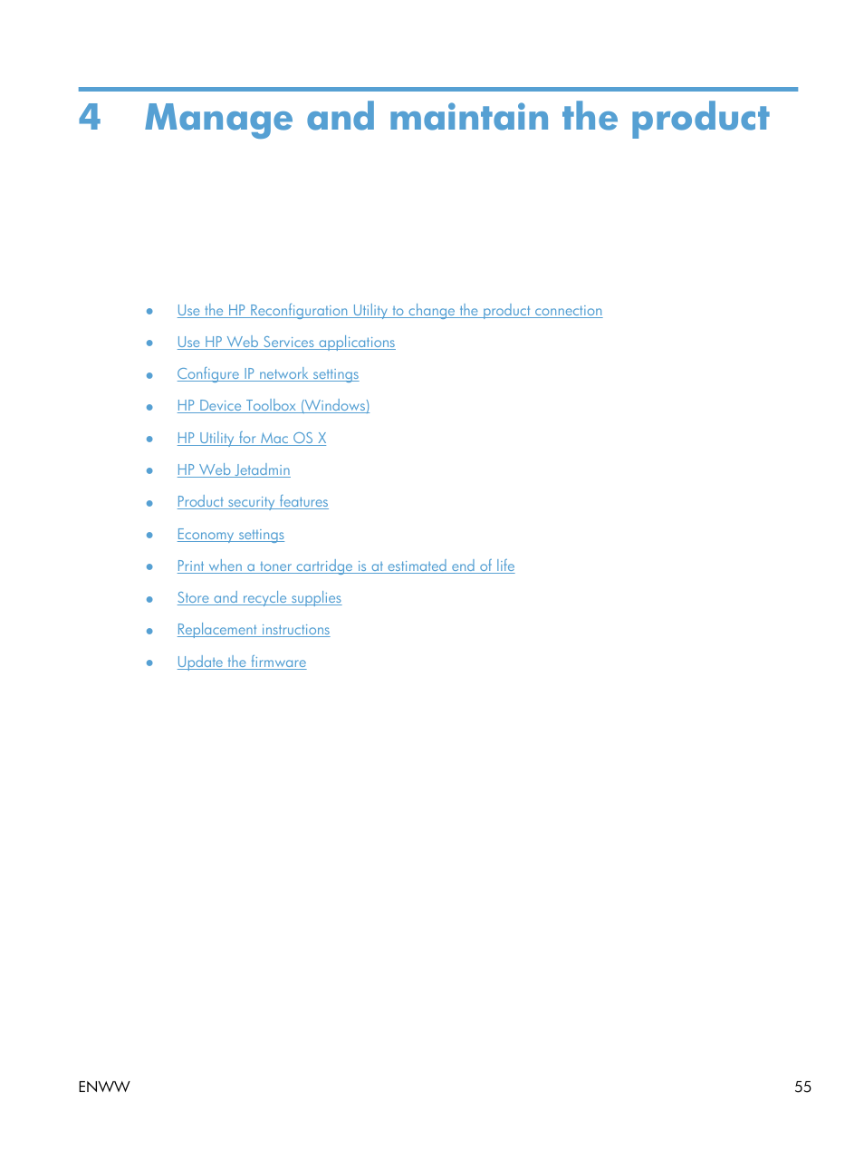 Manage and maintain the product, 4 manage and maintain the product | HP LaserJet Pro 200 color Printer M251nw User Manual | Page 67 / 146