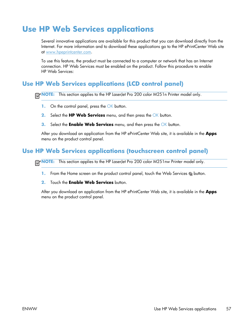 Use hp web services applications | HP LaserJet Pro 200 color Printer M251nw User Manual | Page 69 / 146