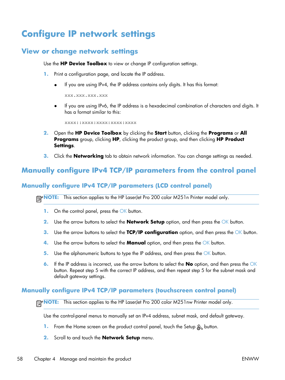 Configure ip network settings, View or change network settings | HP LaserJet Pro 200 color Printer M251nw User Manual | Page 70 / 146