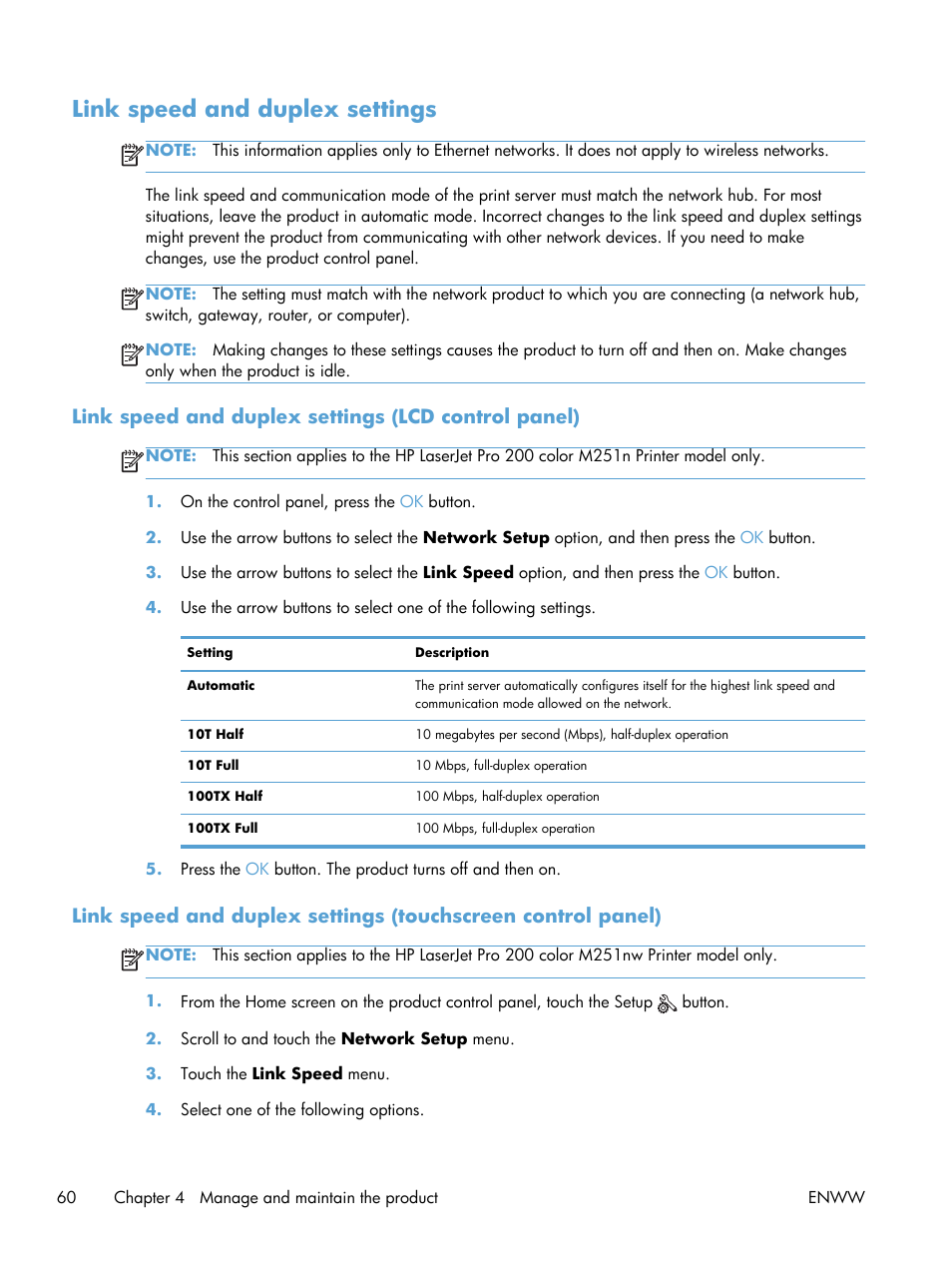 Link speed and duplex settings, Link speed and duplex settings (lcd control panel) | HP LaserJet Pro 200 color Printer M251nw User Manual | Page 72 / 146