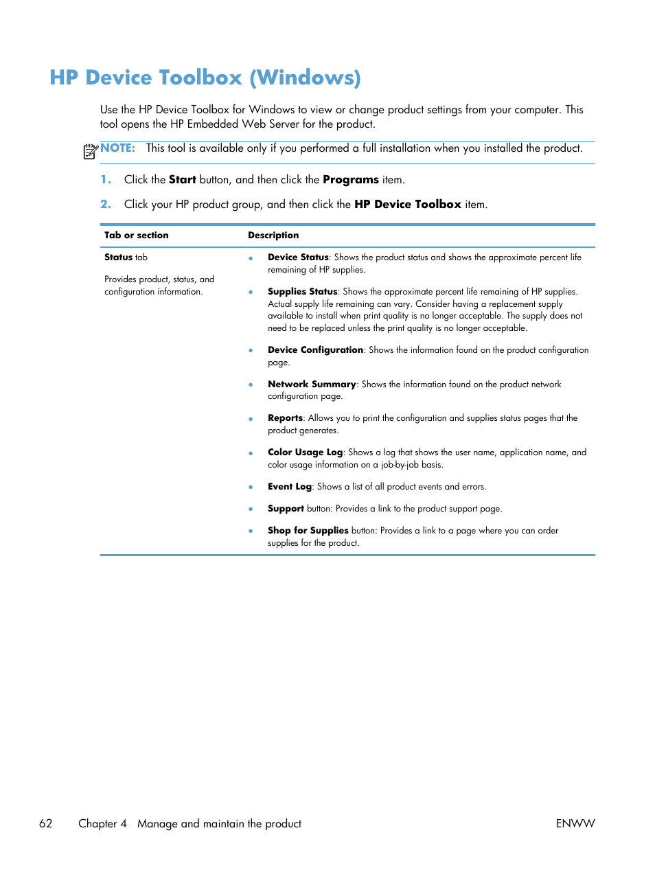 Hp device toolbox (windows) | HP LaserJet Pro 200 color Printer M251nw User Manual | Page 74 / 146