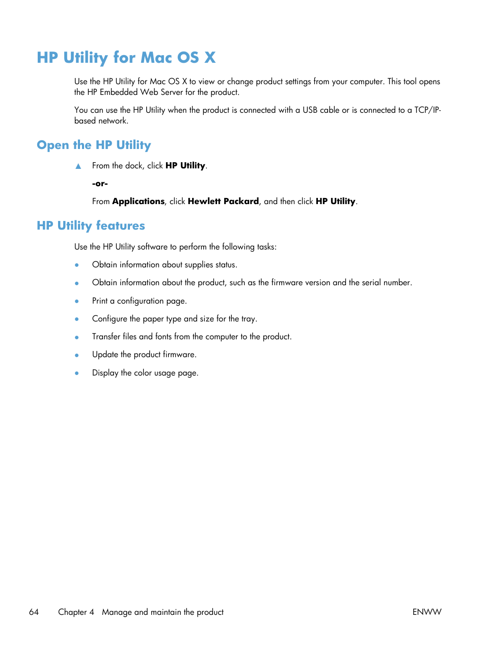 Hp utility for mac os x, Open the hp utility, Hp utility features | Open the hp utility hp utility features | HP LaserJet Pro 200 color Printer M251nw User Manual | Page 76 / 146