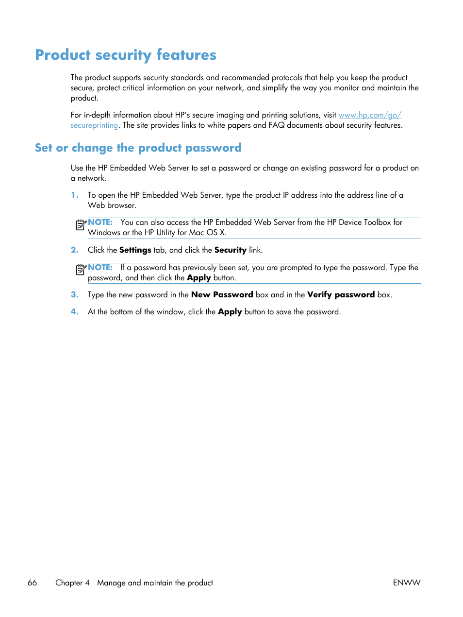 Product security features, Set or change the product password | HP LaserJet Pro 200 color Printer M251nw User Manual | Page 78 / 146