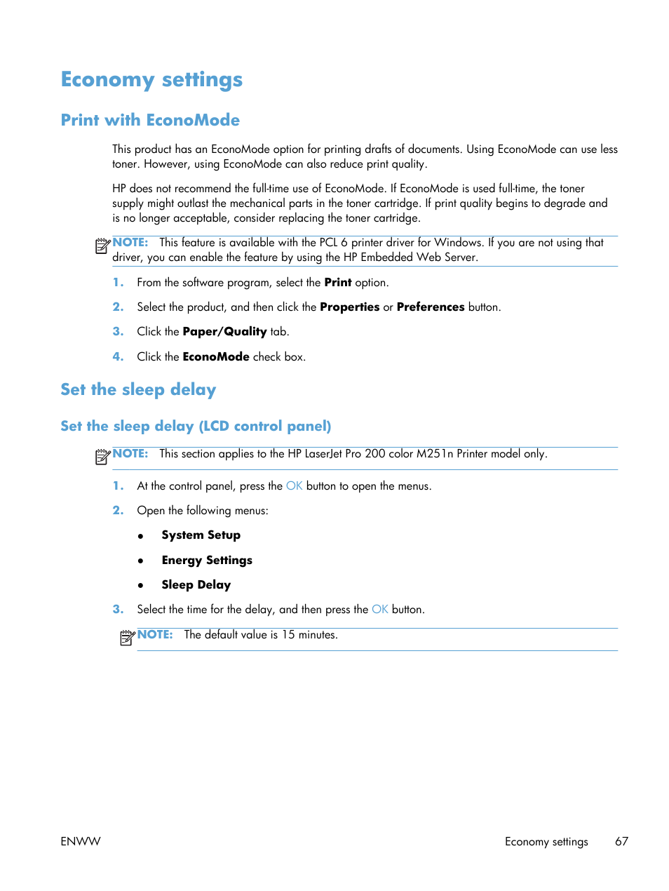 Economy settings, Print with economode, Set the sleep delay | Set the sleep delay (lcd control panel), Print with economode set the sleep delay | HP LaserJet Pro 200 color Printer M251nw User Manual | Page 79 / 146