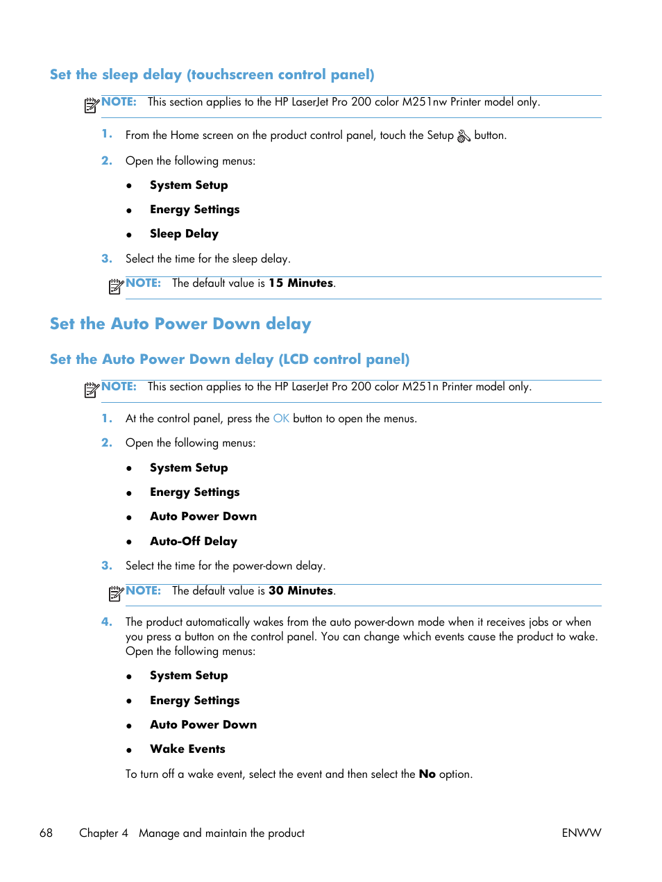 Set the sleep delay (touchscreen control panel), Set the auto power down delay, Set the auto power down delay (lcd control panel) | HP LaserJet Pro 200 color Printer M251nw User Manual | Page 80 / 146