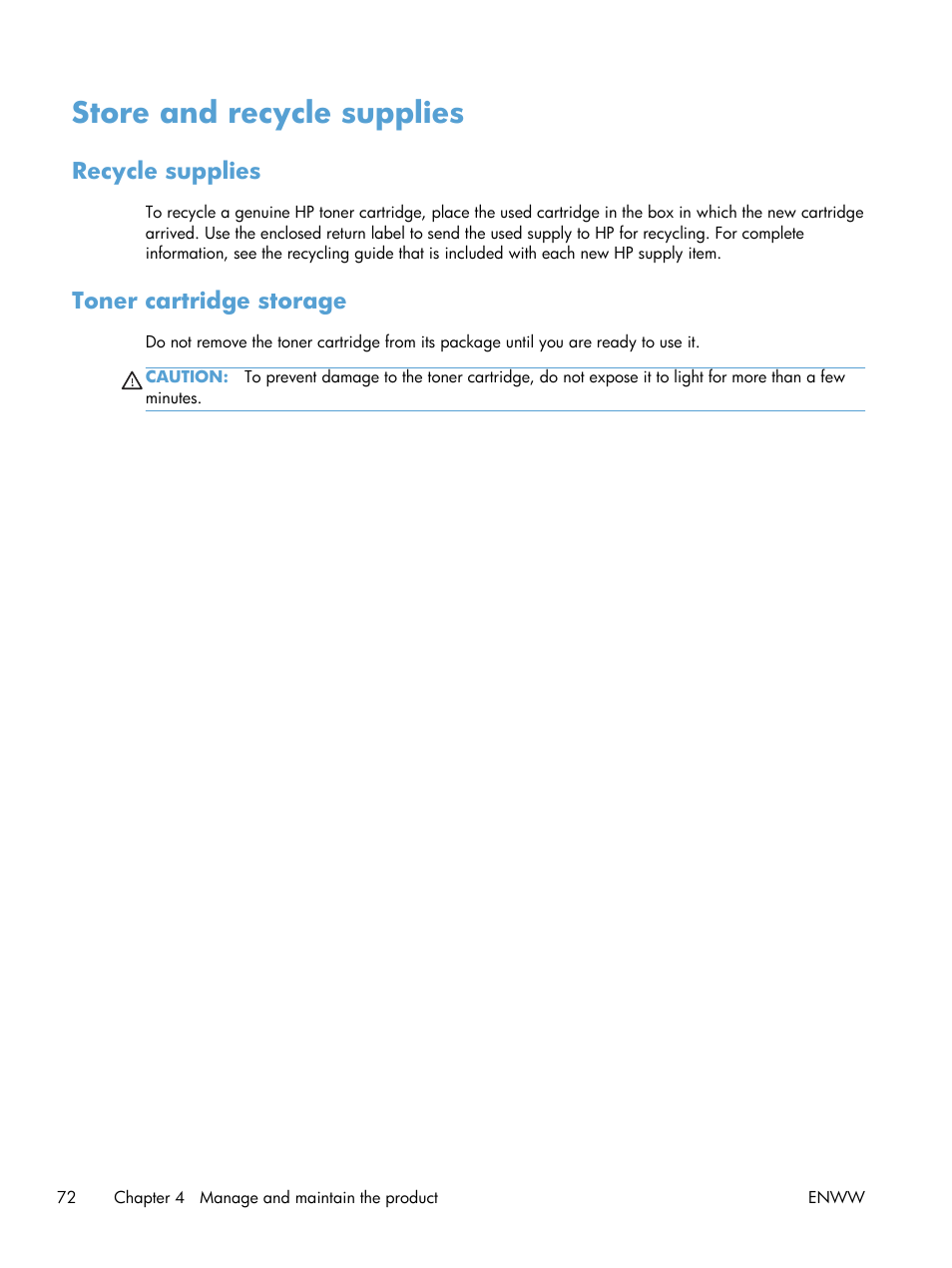 Store and recycle supplies, Recycle supplies, Toner cartridge storage | Recycle supplies toner cartridge storage | HP LaserJet Pro 200 color Printer M251nw User Manual | Page 84 / 146