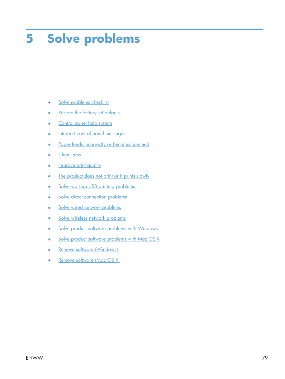 Solve problems, 5 solve problems | HP LaserJet Pro 200 color Printer M251nw User Manual | Page 91 / 146