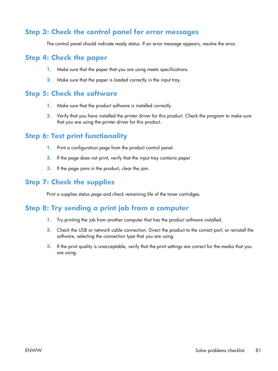 Step 3: check the control panel for error messages, Step 4: check the paper, Step 5: check the software | Step 6: test print functionality, Step 7: check the supplies, Step 8: try sending a print job from a computer | HP LaserJet Pro 200 color Printer M251nw User Manual | Page 93 / 146