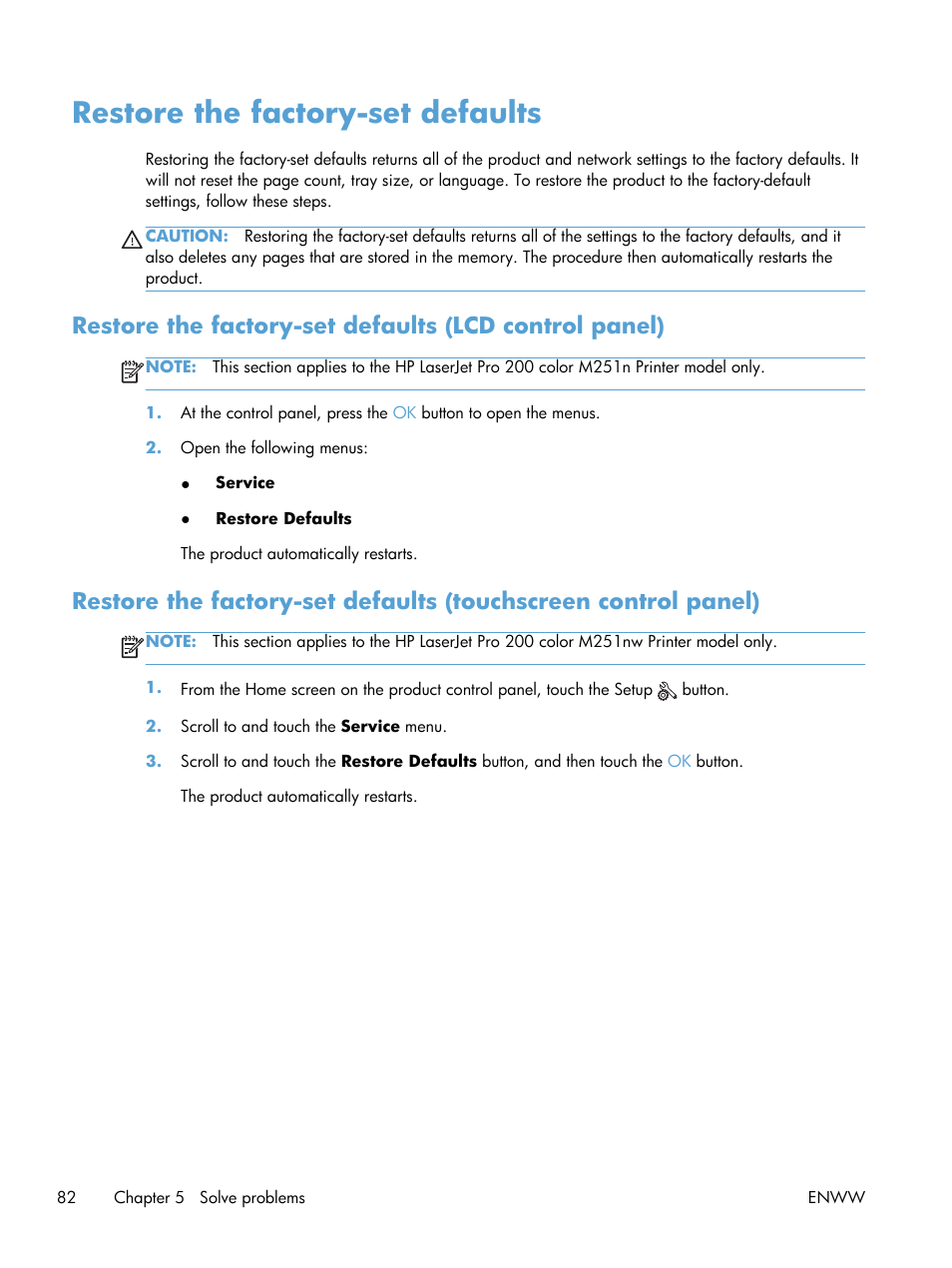 Restore the factory-set defaults | HP LaserJet Pro 200 color Printer M251nw User Manual | Page 94 / 146