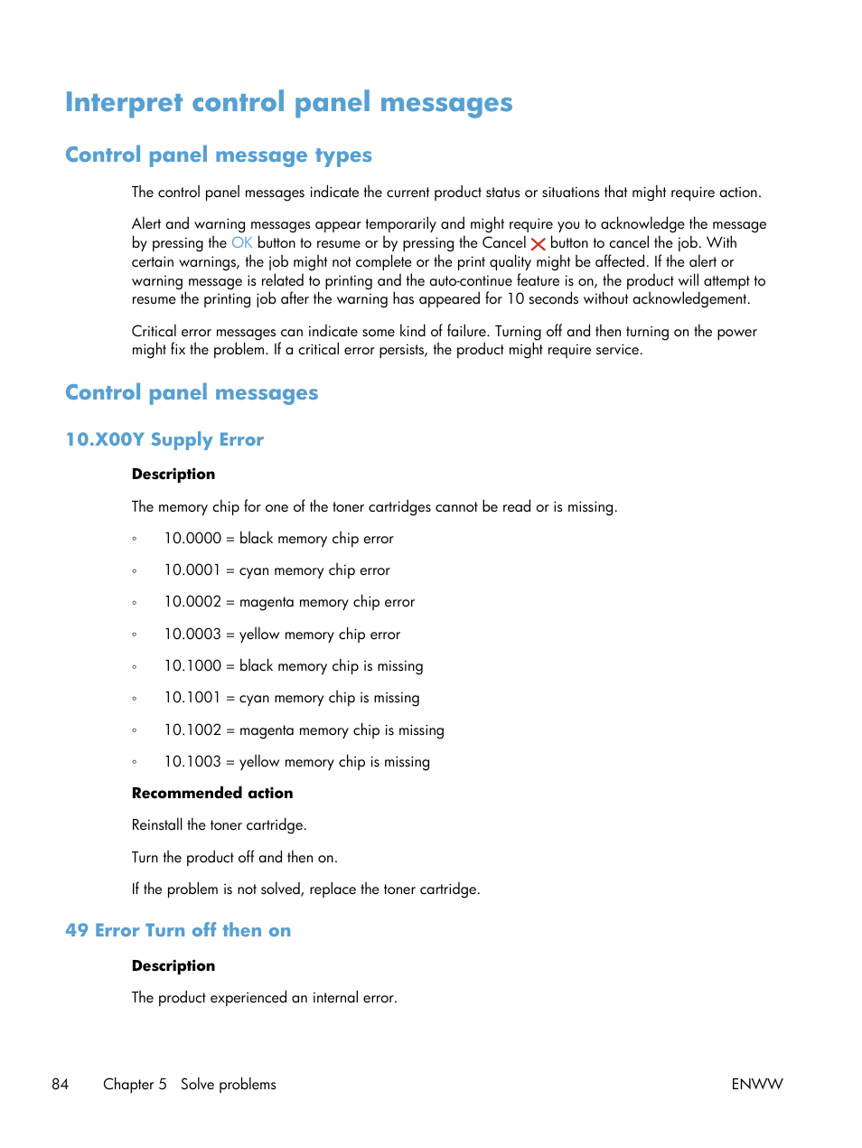 Interpret control panel messages, Control panel message types, Control panel messages | X00y supply error, 49 error turn off then on, Control panel message types control panel messages, X00y supply error 49 error turn off then on | HP LaserJet Pro 200 color Printer M251nw User Manual | Page 96 / 146