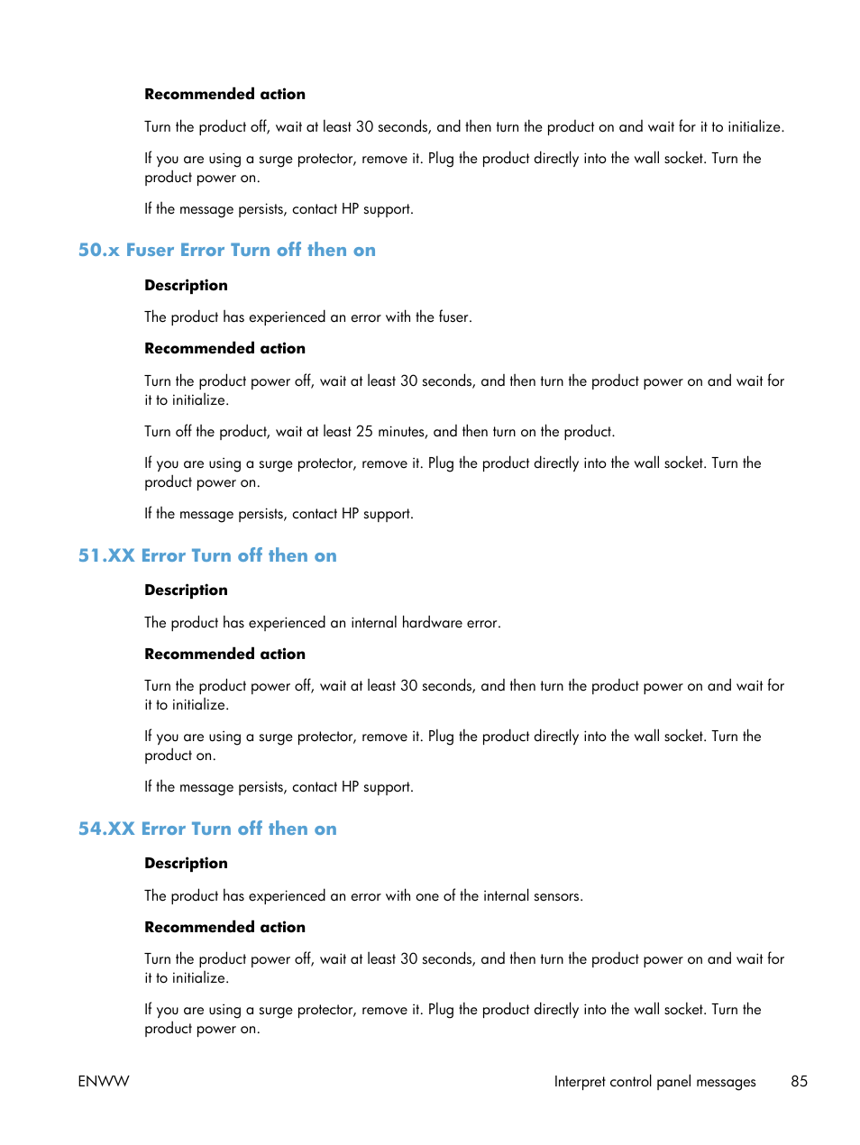 X fuser error turn off then on, Xx error turn off then on | HP LaserJet Pro 200 color Printer M251nw User Manual | Page 97 / 146