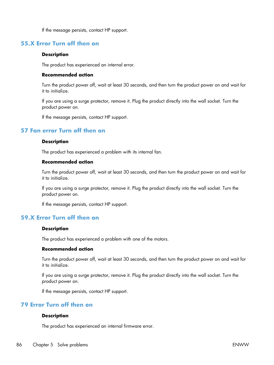X error turn off then on, 57 fan error turn off then on, 79 error turn off then on | HP LaserJet Pro 200 color Printer M251nw User Manual | Page 98 / 146