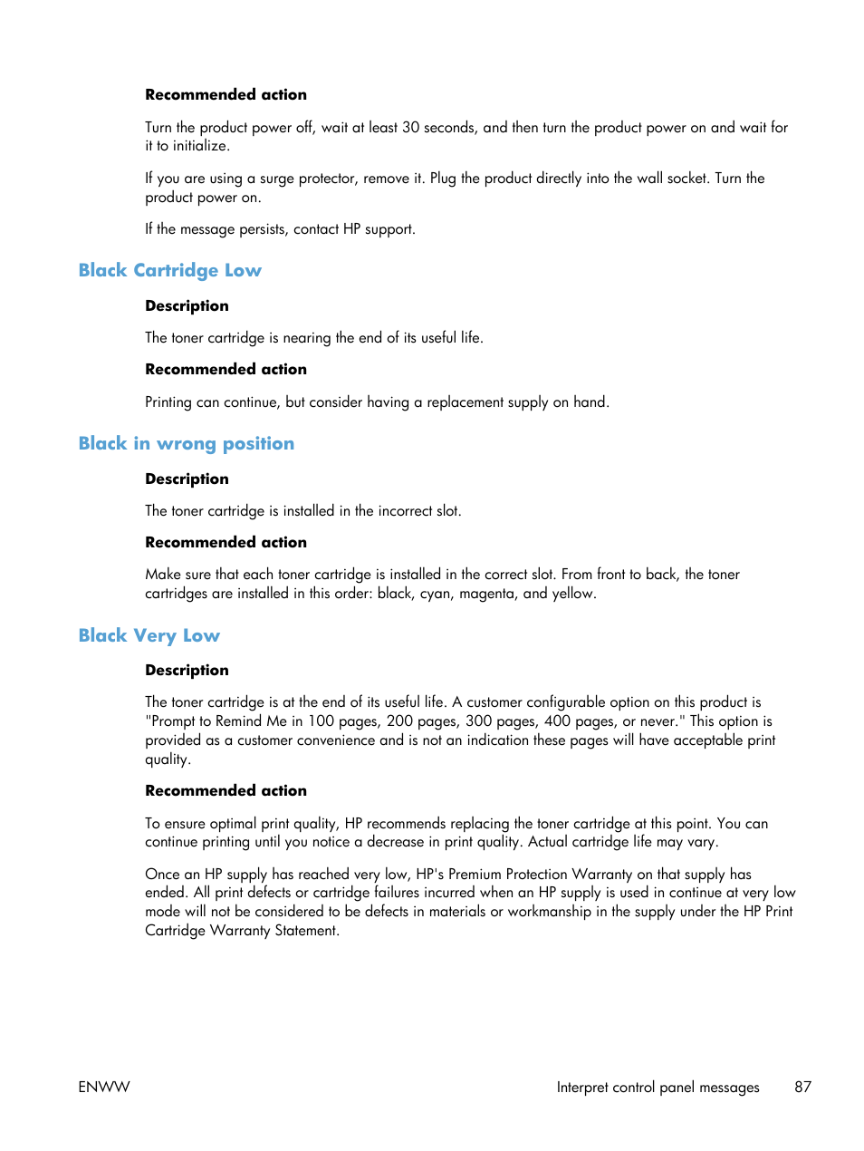 Black cartridge low, Black in wrong position, Black very low | HP LaserJet Pro 200 color Printer M251nw User Manual | Page 99 / 146