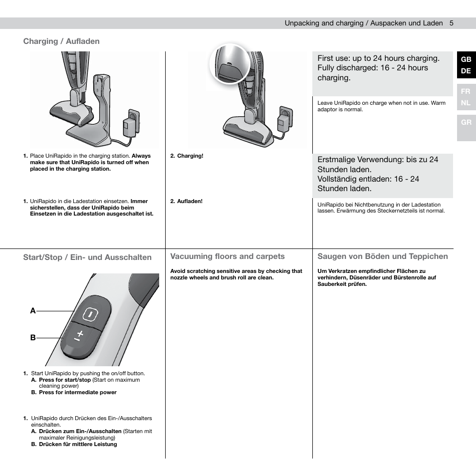 Saugen von böden und teppichen, Vacuuming floors and carpets | AEG AG805 User Manual | Page 7 / 34